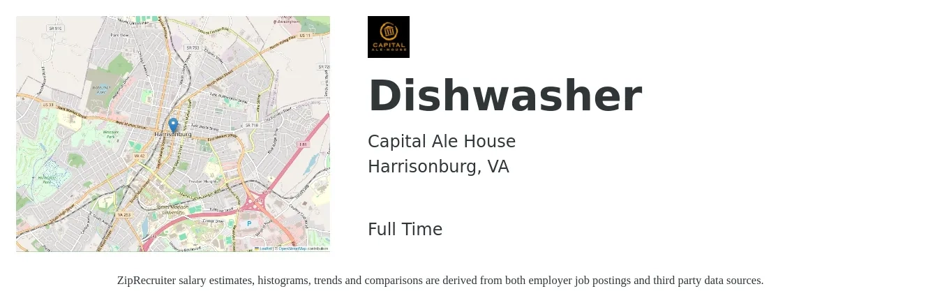 Capital Ale House job posting for a Dishwasher in Harrisonburg, VA with a salary of $12 to $16 Hourly with a map of Harrisonburg location.