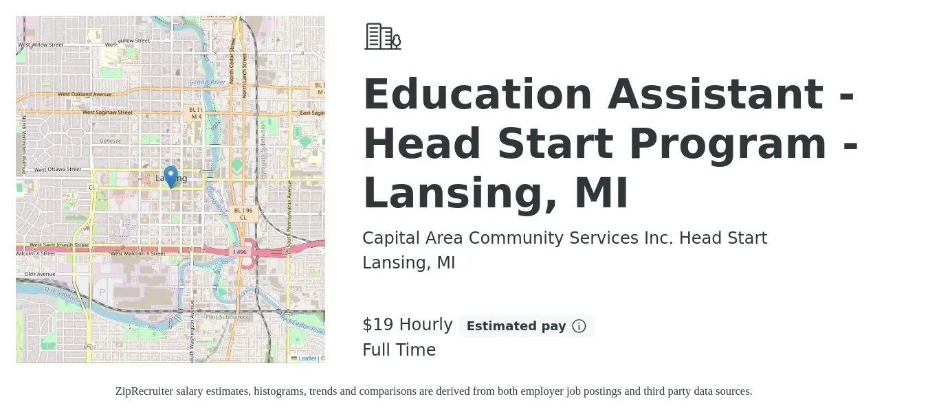 Capital Area Community Services Inc. Head Start job posting for a Education Assistant - Head Start Program - Lansing, MI in Lansing, MI with a salary of $20 Hourly with a map of Lansing location.