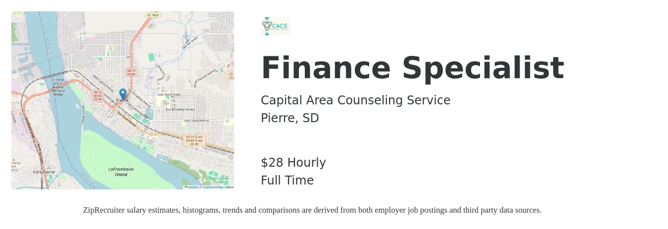 Capital Area Counseling Service job posting for a Finance Specialist in Pierre, SD with a salary of $30 Hourly with a map of Pierre location.