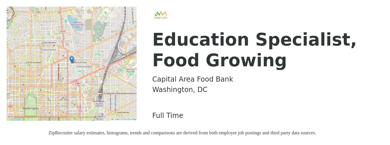 Capital Area Food Bank job posting for a Education Specialist, Food Growing in Washington, DC with a salary of $15 to $24 Hourly with a map of Washington location.