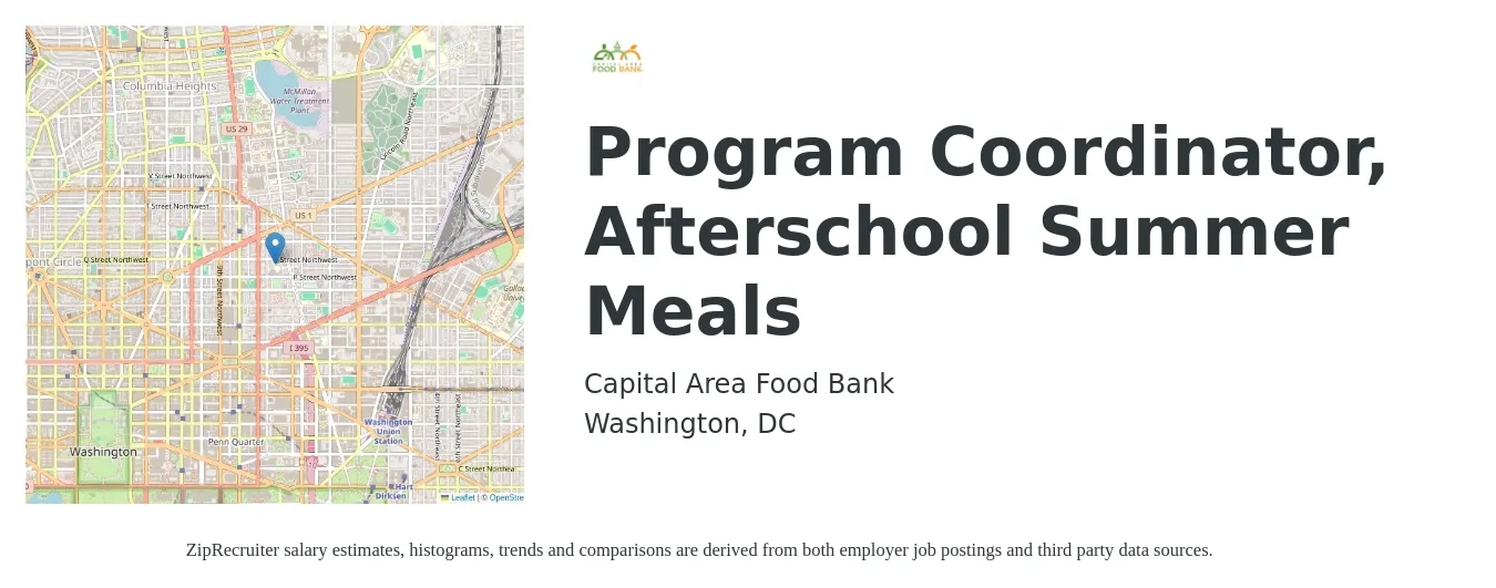 Capital Area Food Bank job posting for a Program Coordinator, Afterschool Summer Meals in Washington, DC with a salary of $19 to $30 Hourly with a map of Washington location.