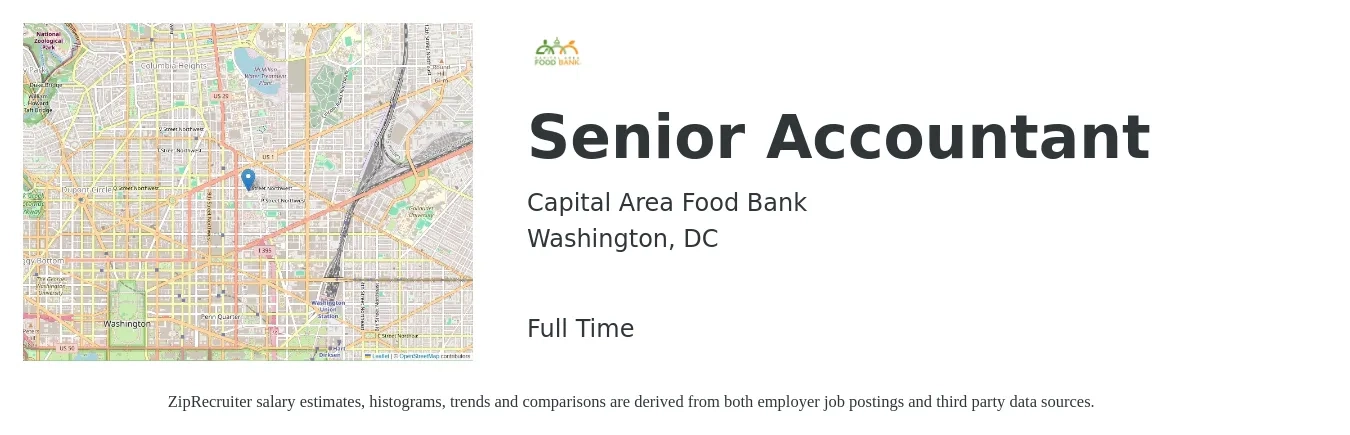 Capital Area Food Bank job posting for a Senior Accountant in Washington, DC with a salary of $83,800 to $105,300 Yearly with a map of Washington location.