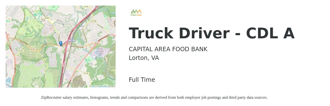Capital Area Food Bank job posting for a Truck Driver - CDL A in Lorton, VA with a salary of $1,210 to $1,750 Weekly with a map of Lorton location.