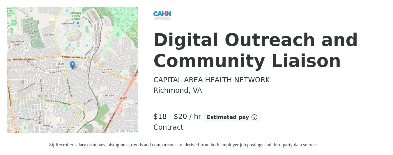 CAPITAL AREA HEALTH NETWORK job posting for a Digital Outreach and Community Liaison in Richmond, VA with a salary of $19 to $21 Hourly with a map of Richmond location.