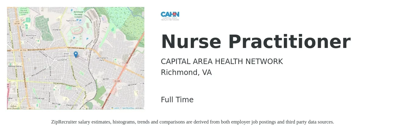 CAPITAL AREA HEALTH NETWORK job posting for a Nurse Practitioner in Richmond, VA with a salary of $107,100 to $148,800 Yearly with a map of Richmond location.