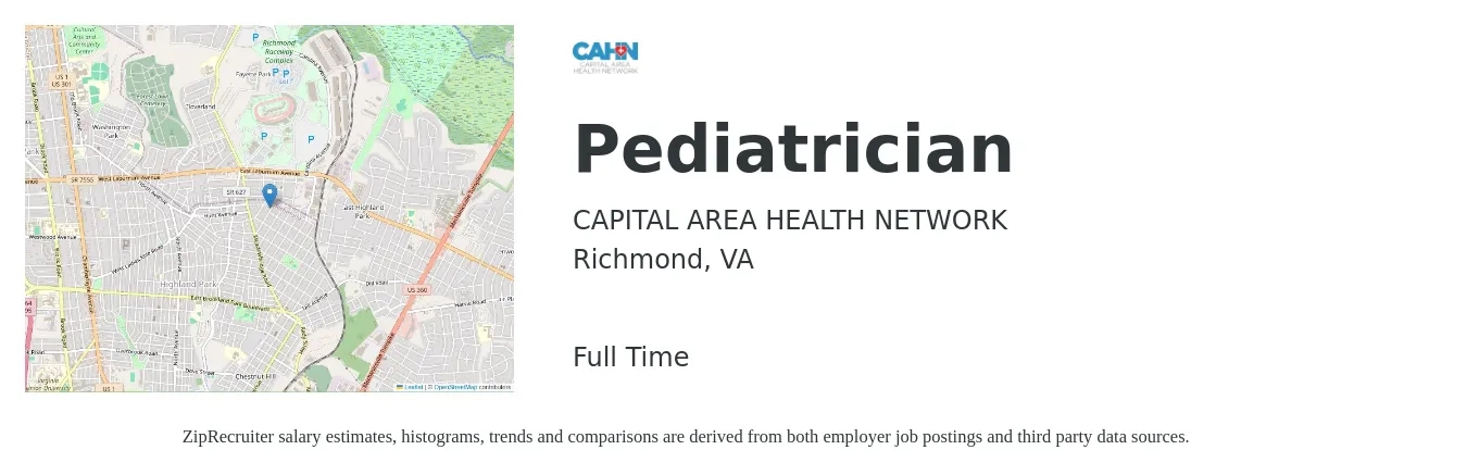 CAPITAL AREA HEALTH NETWORK job posting for a Pediatrician in Richmond, VA with a salary of $161,900 to $209,500 Yearly with a map of Richmond location.