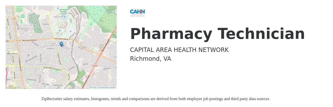 Capital Area Health Network job posting for a Pharmacy Technician in Richmond, VA with a salary of $17 to $21 Hourly with a map of Richmond location.