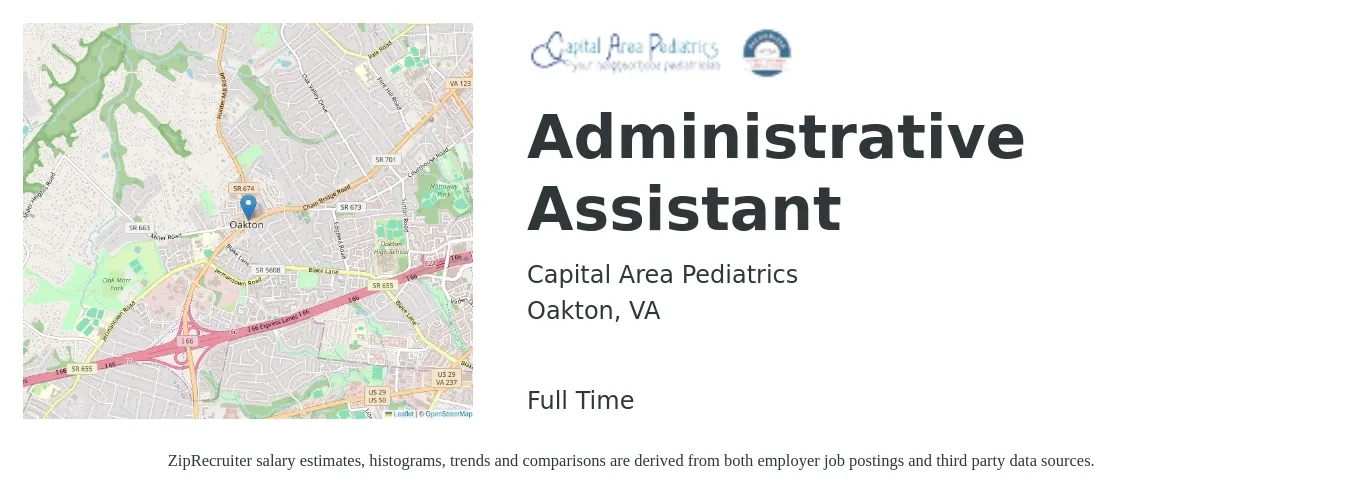 Capital Area Pediatrics job posting for a Administrative Assistant in Oakton, VA with a salary of $18 to $24 Hourly with a map of Oakton location.