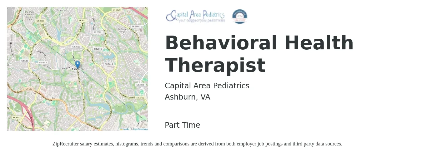 Capital Area Pediatrics job posting for a Behavioral Health Therapist in Ashburn, VA with a salary of $61,400 to $82,300 Yearly with a map of Ashburn location.