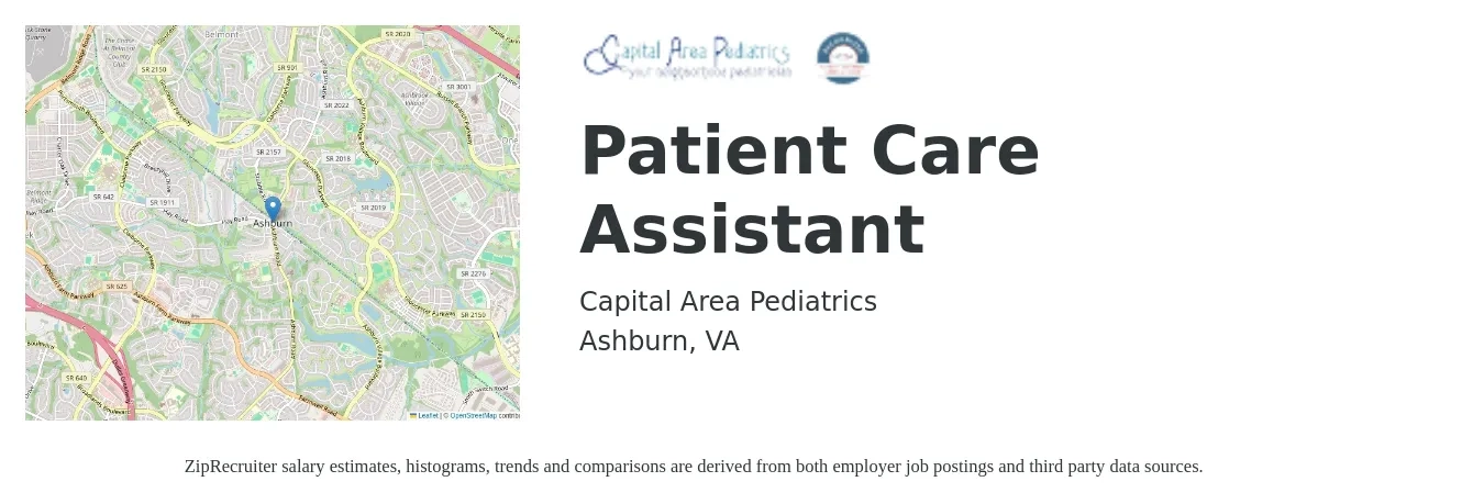 Capital Area Pediatrics job posting for a Patient Care Assistant in Ashburn, VA with a salary of $16 to $23 Hourly with a map of Ashburn location.