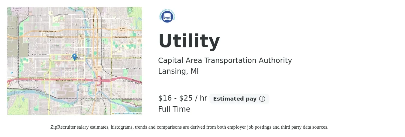 Capital Area Transportation Authority job posting for a Utility in Lansing, MI with a salary of $18 to $27 Hourly with a map of Lansing location.
