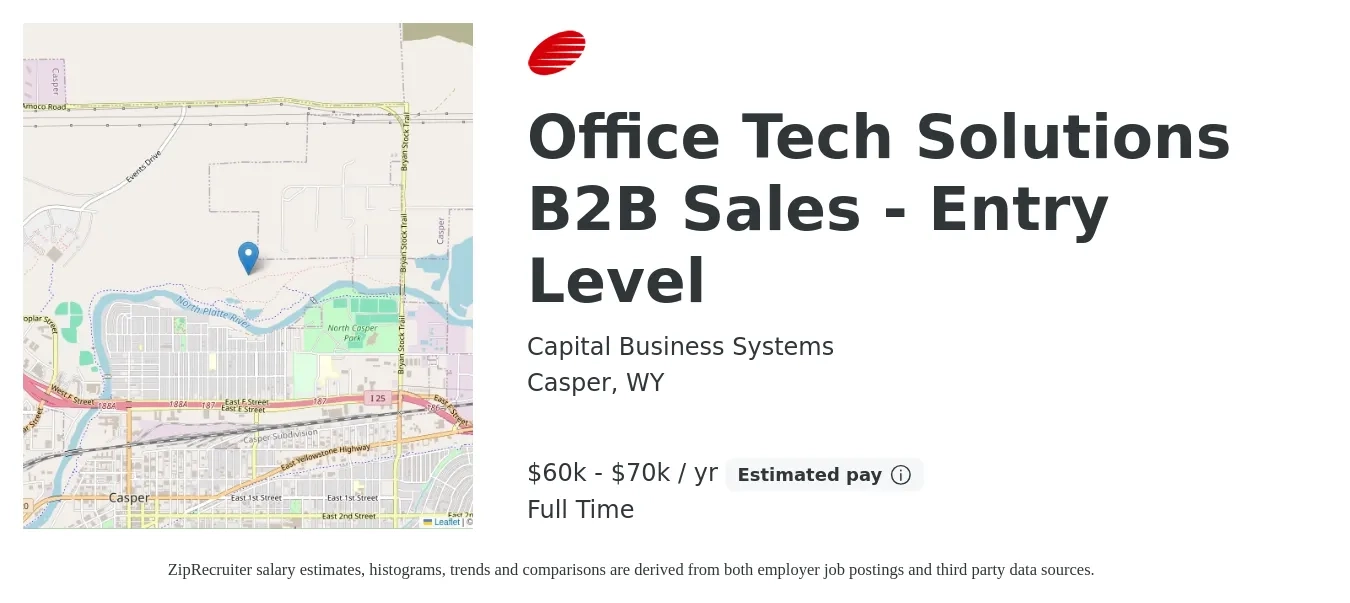 Capital Business Systems job posting for a Office Tech Solutions B2B Sales - Entry Level in Casper, WY with a salary of $60,000 to $70,000 Yearly with a map of Casper location.