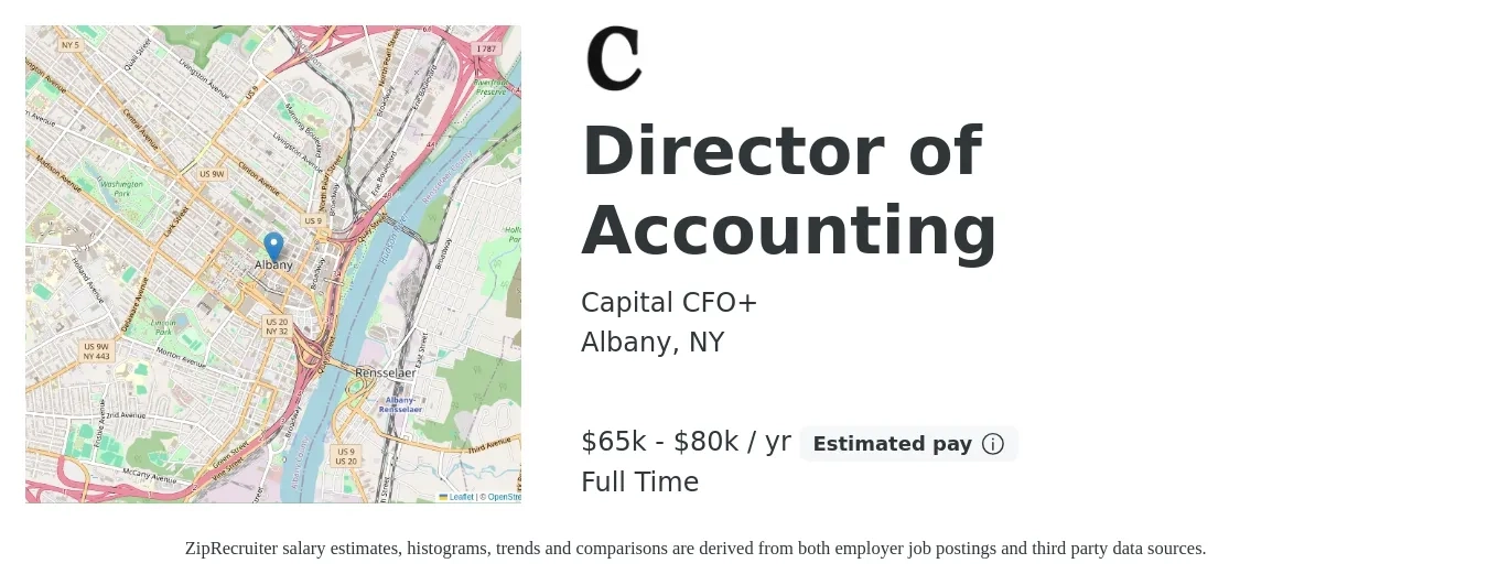 CAPITAL CFO+ LLC job posting for a Director of Accounting in Albany, NY with a salary of $65,000 to $80,000 Yearly with a map of Albany location.