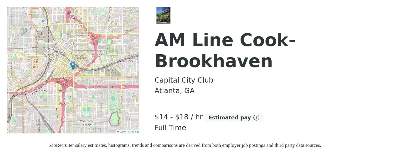 Capital City Club job posting for a AM Line Cook- Brookhaven in Atlanta, GA with a salary of $15 to $19 Hourly with a map of Atlanta location.