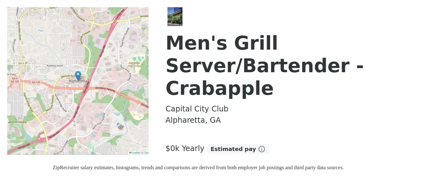 Capital City Club job posting for a Men's Grill Server/Bartender - Crabapple in Alpharetta, GA with a salary of $14 to $18 Yearly with a map of Alpharetta location.
