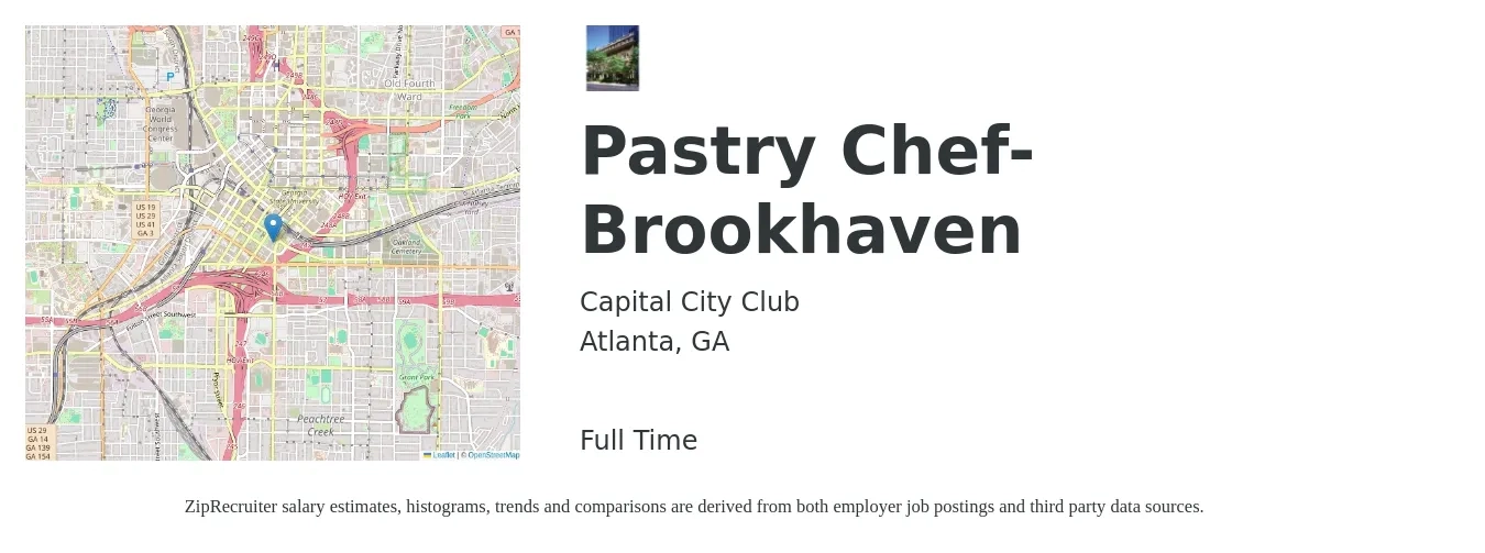 Capital City Club job posting for a Pastry Chef-Brookhaven in Atlanta, GA with a salary of $16 to $33 Hourly with a map of Atlanta location.