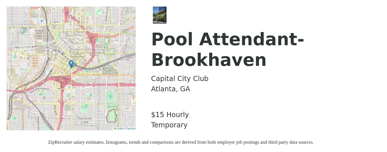 Capital City Club job posting for a Pool Attendant-Brookhaven in Atlanta, GA with a salary of $16 Hourly with a map of Atlanta location.