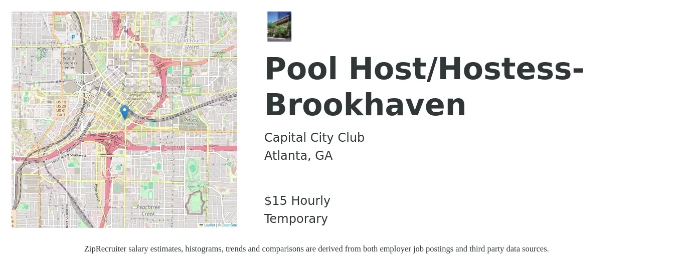Capital City Club job posting for a Pool Host/Hostess-Brookhaven in Atlanta, GA with a salary of $14 to $18 Hourly with a map of Atlanta location.