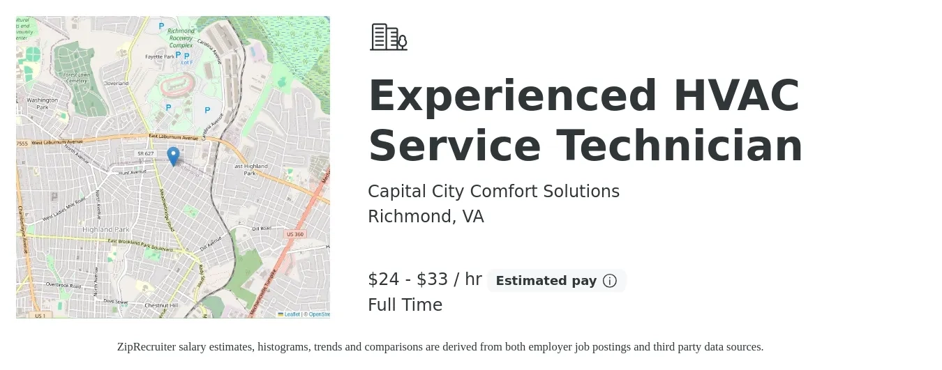 Capital City Comfort Solutions job posting for a Experienced HVAC Service Technician in Richmond, VA with a salary of $25 to $35 Hourly with a map of Richmond location.