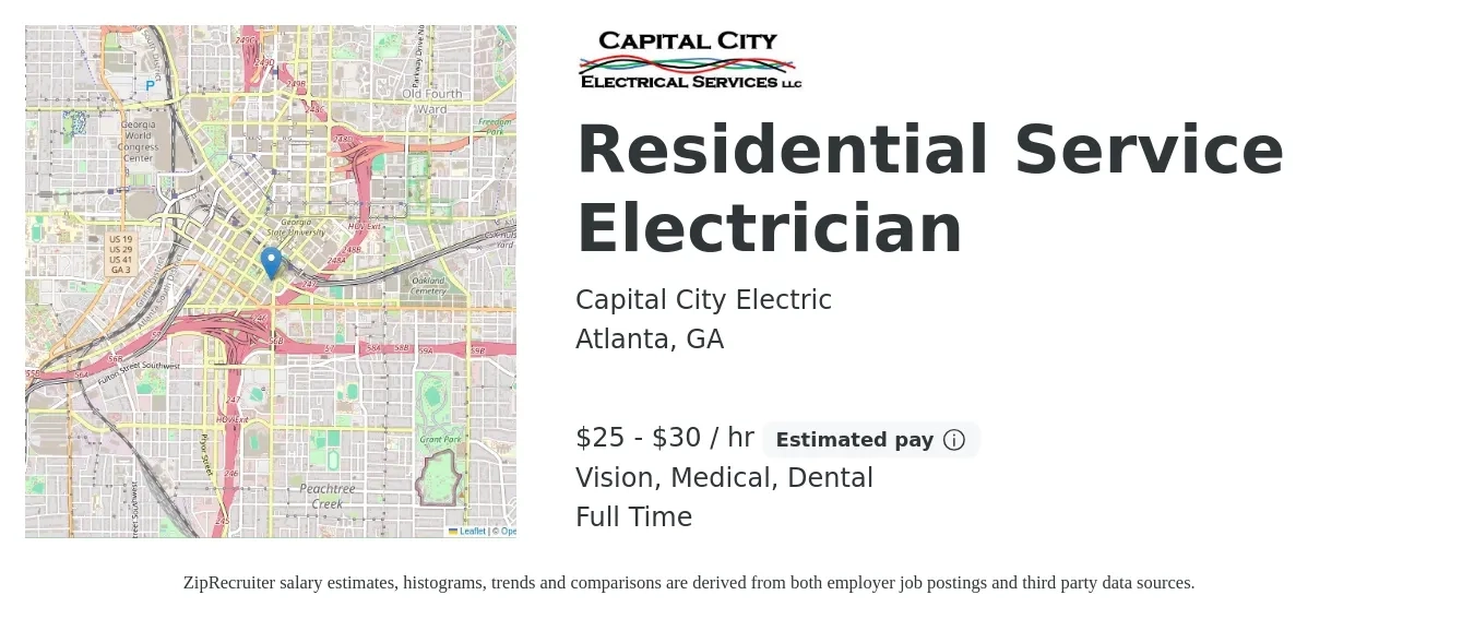 Capital City Electric job posting for a Residential Service Electrician in Atlanta, GA with a salary of $26 to $32 Hourly and benefits including dental, life_insurance, medical, retirement, and vision with a map of Atlanta location.