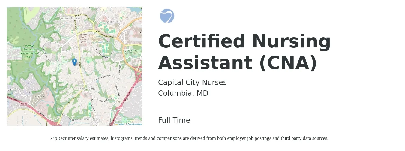 Capital City Nurses job posting for a Certified Nursing Assistant (CNA) in Columbia, MD with a salary of $16 to $23 Hourly with a map of Columbia location.
