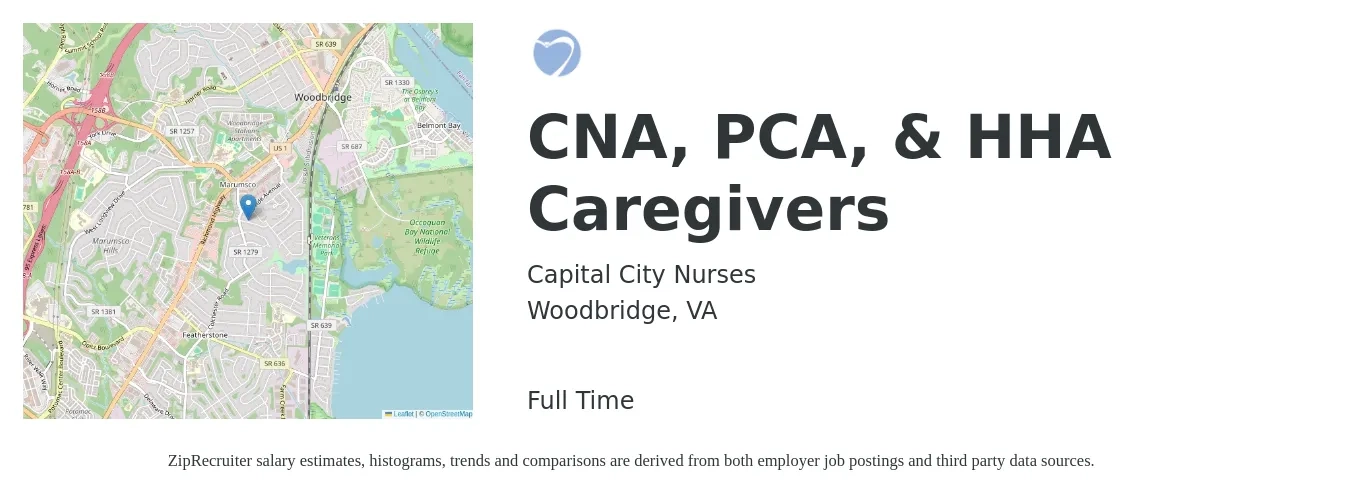 Capital City Nurses job posting for a CNA, PCA, & HHA Caregivers in Woodbridge, VA with a salary of $14 to $18 Hourly with a map of Woodbridge location.