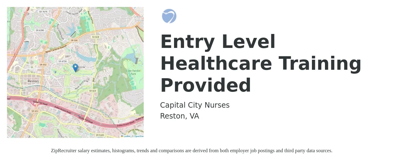 Capital City Nurses job posting for a Entry Level Healthcare Training Provided in Reston, VA with a salary of $13 to $18 Hourly with a map of Reston location.