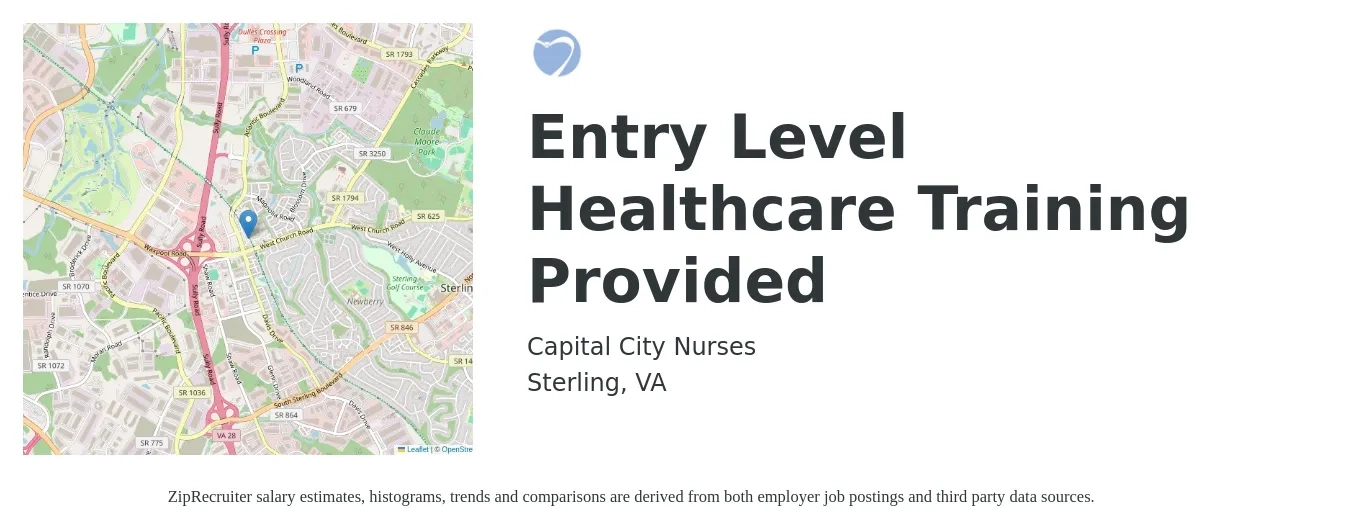 Capital City Nurses job posting for a Entry Level Healthcare Training Provided in Sterling, VA with a salary of $13 to $17 Hourly with a map of Sterling location.