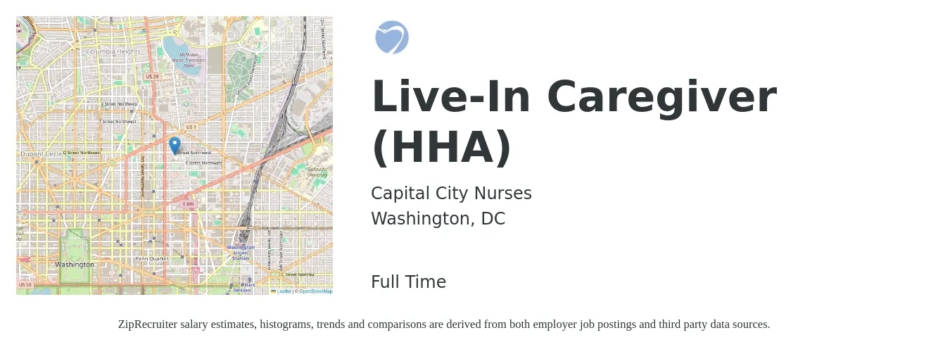 Capital City Nurses job posting for a Live-In Caregiver (HHA) in Washington, DC with a salary of $16 to $20 Hourly with a map of Washington location.