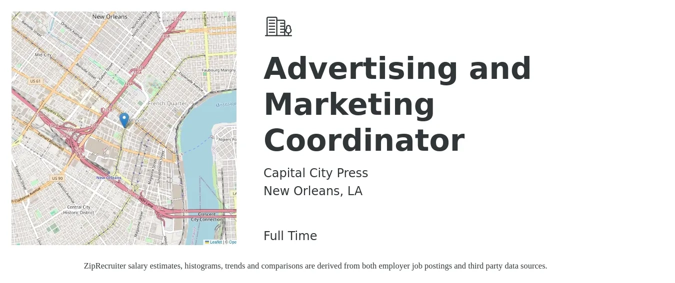 Capital City Press job posting for a Advertising and Marketing Coordinator in New Orleans, LA with a salary of $38,000 to $53,700 Yearly with a map of New Orleans location.
