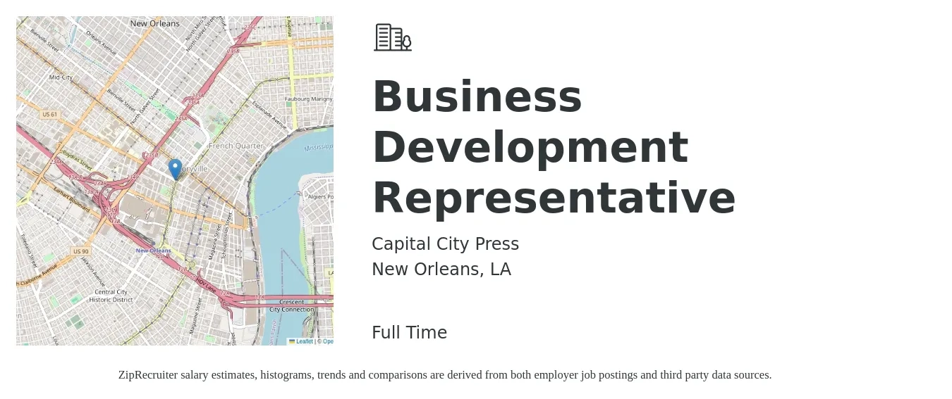 Capital City Press job posting for a Business Development Representative in New Orleans, LA with a salary of $42,800 to $66,500 Yearly with a map of New Orleans location.