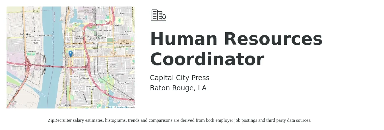 Capital City Press job posting for a Human Resources Coordinator in Baton Rouge, LA with a salary of $18 to $24 Hourly with a map of Baton Rouge location.
