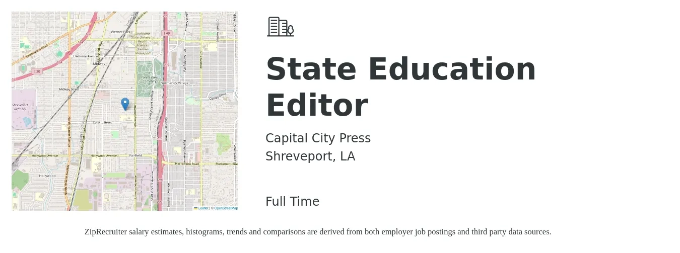Capital City Press job posting for a State Education Editor in Shreveport, LA with a salary of $18 to $34 Hourly with a map of Shreveport location.