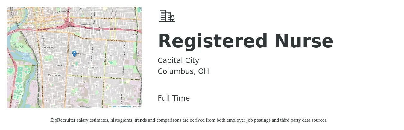 Capital City job posting for a Registered Nurse in Columbus, OH with a salary of $35 Hourly with a map of Columbus location.
