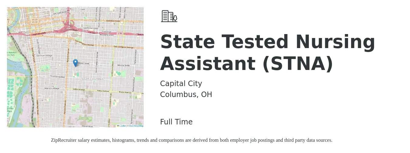 Capital City job posting for a State Tested Nursing Assistant (STNA) in Columbus, OH with a salary of $14 to $19 Hourly with a map of Columbus location.