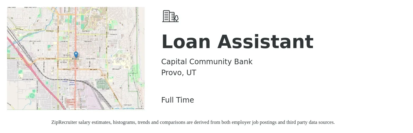Capital Community Bank job posting for a Loan Assistant in Provo, UT with a salary of $35,500 to $44,000 Yearly with a map of Provo location.