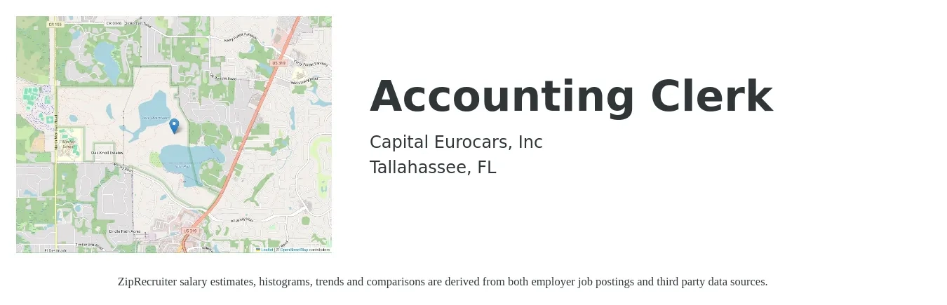 Capital Eurocars, Inc job posting for a Accounting Clerk in Tallahassee, FL with a salary of $18 to $22 Hourly with a map of Tallahassee location.