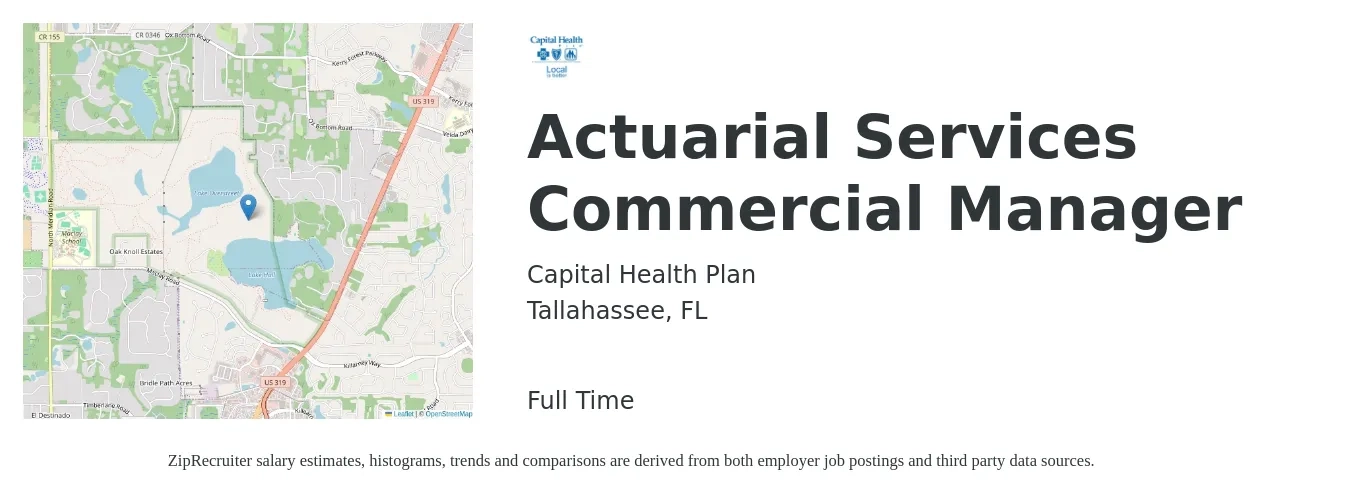 Capital Health Plan job posting for a Actuarial Services Commercial Manager in Tallahassee, FL with a salary of $111,100 to $130,900 Yearly with a map of Tallahassee location.