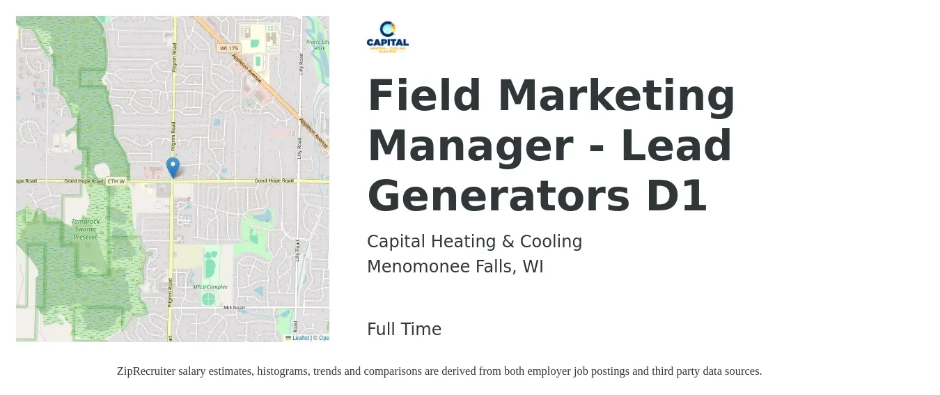 Capital Heating & Cooling job posting for a Field Marketing Manager - Lead Generators D1 in Menomonee Falls, WI with a salary of $67,700 to $100,300 Yearly with a map of Menomonee Falls location.