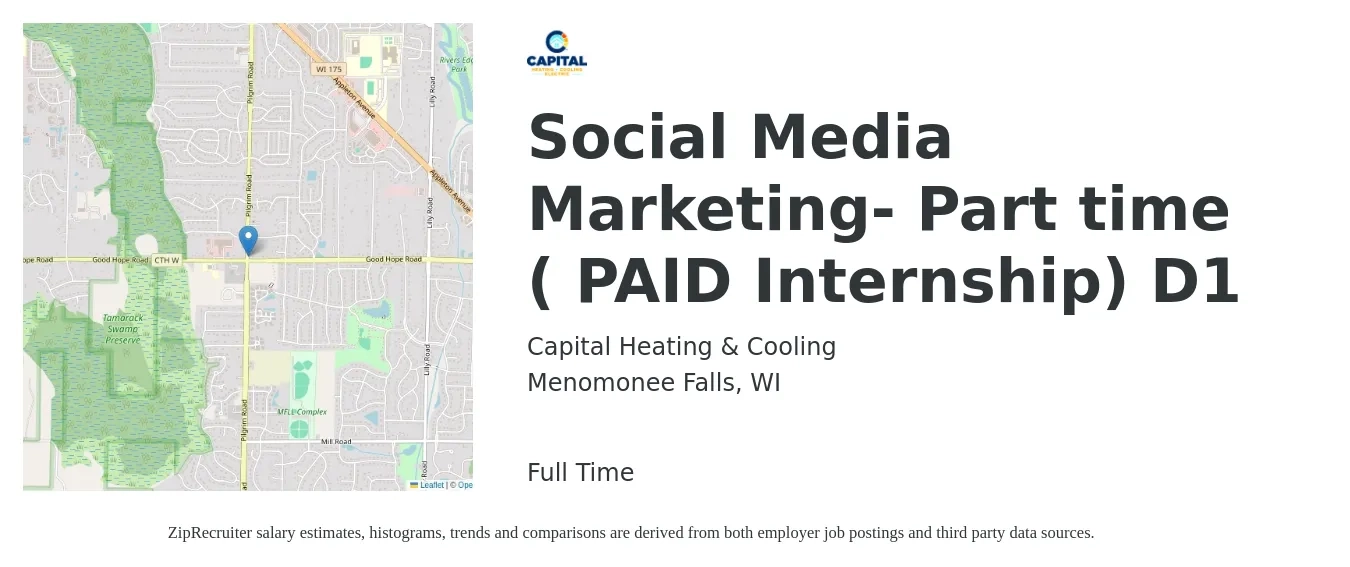 Capital Heating & Cooling job posting for a Social Media Marketing- Part time ( PAID Internship) D1 in Menomonee Falls, WI with a salary of $16 to $19 Hourly with a map of Menomonee Falls location.