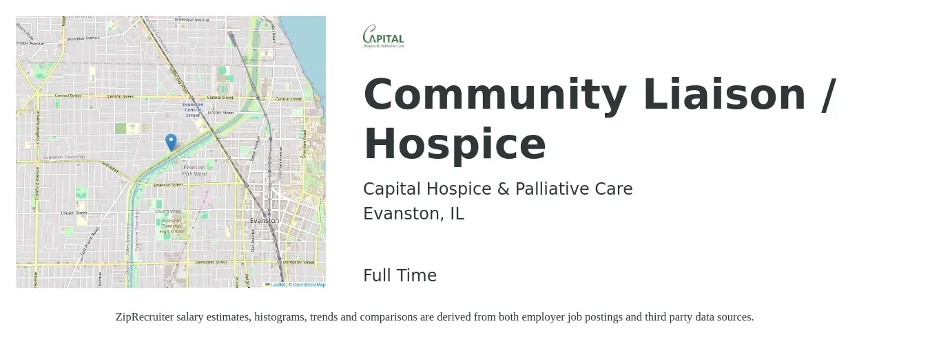 Capital Hospice & Palliative Care job posting for a Community Liaison / Hospice in Evanston, IL with a salary of $67,900 to $81,900 Yearly with a map of Evanston location.