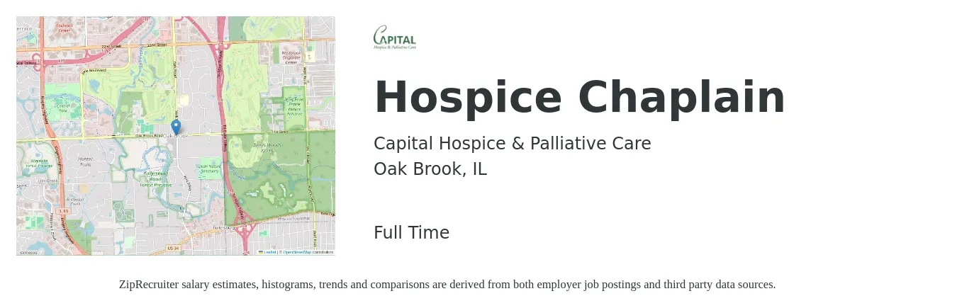 Capital Hospice & Palliative Care job posting for a Hospice Chaplain in Oak Brook, IL with a salary of $26 to $36 Hourly with a map of Oak Brook location.
