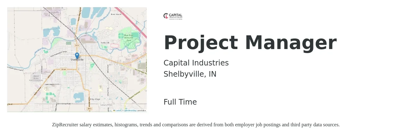 Capital Industries job posting for a Project Manager in Shelbyville, IN with a salary of $74,800 to $117,300 Yearly with a map of Shelbyville location.