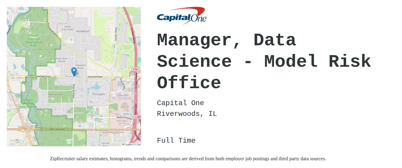 Capital One job posting for a Manager, Data Science - Model Risk Office in Riverwoods, IL with a salary of $102,300 to $141,200 Annually with a map of Riverwoods location.