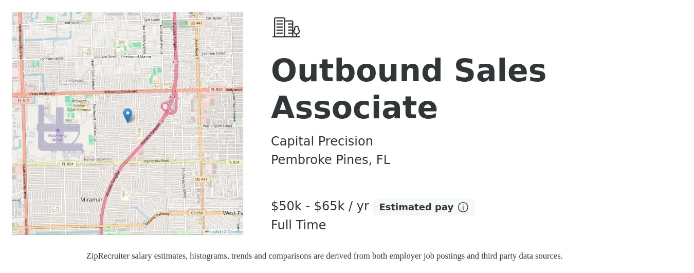 Capital Precision job posting for a Outbound Sales Associate in Pembroke Pines, FL with a salary of $50,000 to $65,000 Yearly (plus commission) with a map of Pembroke Pines location.