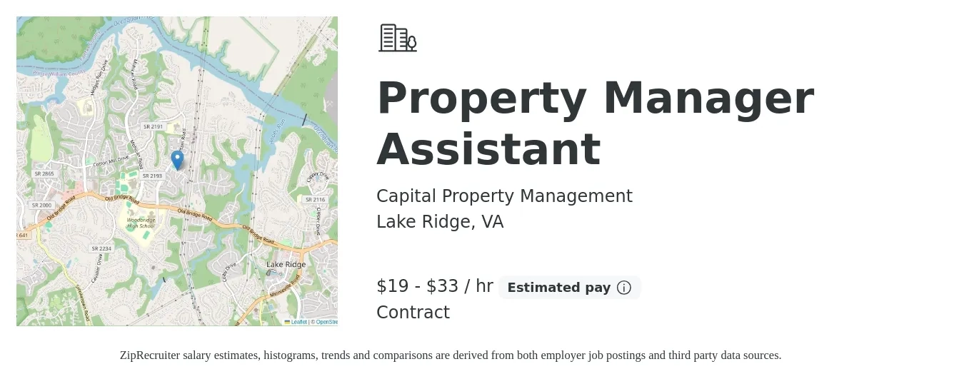 Capital Property Management job posting for a Property Manager Assistant in Lake Ridge, VA with a salary of $20 to $35 Hourly with a map of Lake Ridge location.
