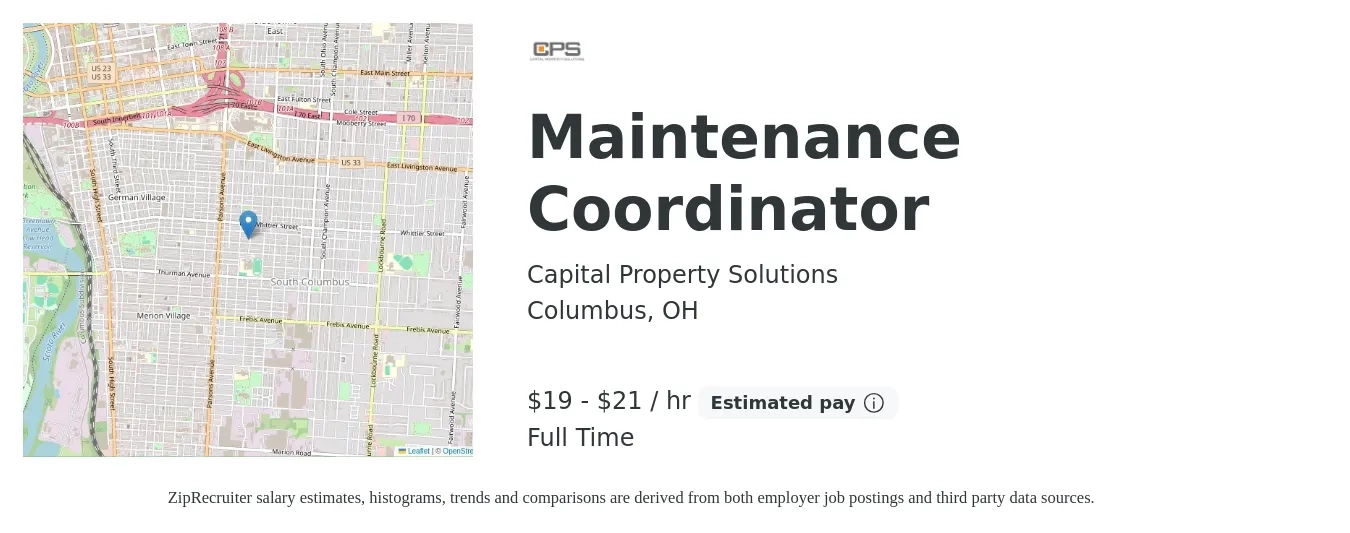 Capital Property Solutions job posting for a Maintenance Coordinator in Columbus, OH with a salary of $20 to $22 Hourly with a map of Columbus location.