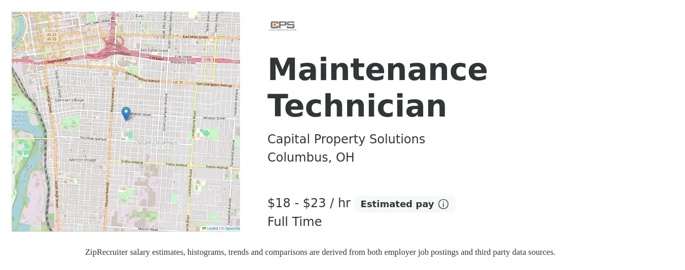 Capital Property Solutions job posting for a Maintenance Technician in Columbus, OH with a salary of $19 to $23 Hourly with a map of Columbus location.