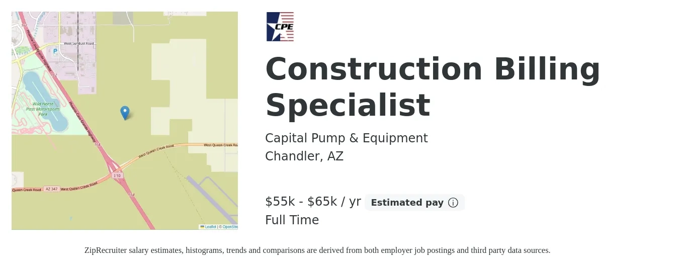 Capital Pump & Equipment job posting for a Construction Billing Specialist in Chandler, AZ with a salary of $55,000 to $65,000 Yearly with a map of Chandler location.