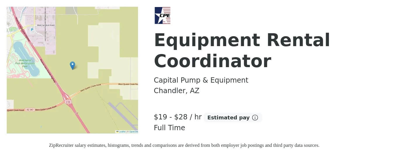 Capital Pump & Equipment job posting for a Equipment Rental Coordinator in Chandler, AZ with a salary of $20 to $30 Hourly with a map of Chandler location.